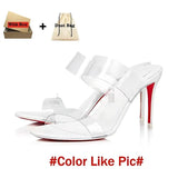 Louboutin-style red bottom shoes spring beautiful super high heel metal small square toe sandals sexy stiletto heel back empty french iron toe flats