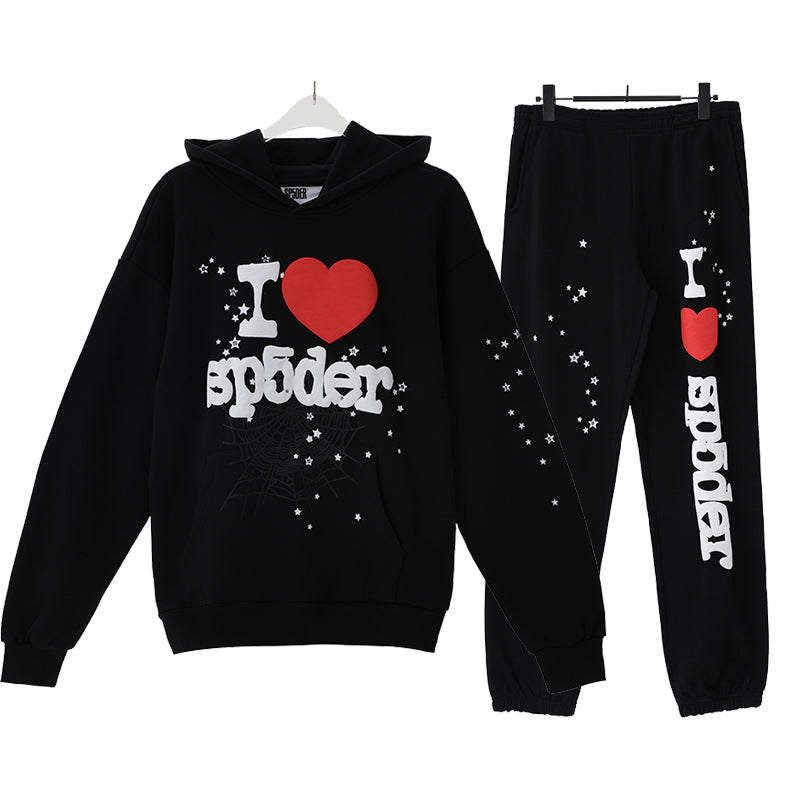 Sp5der Hoodie & Sweatpants 2 Piece Set Cobweb Puff Print Pure Cotton