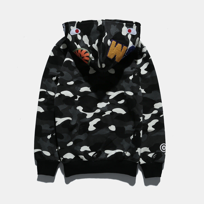 Shark Print Hoodie Autumn And Winter Men'S Shark Luminous Camouflage Brushed Shark Sweater Men'S Hooded Casual Coat