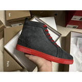 Louboutin-style red bottom shoes guangdong wintercl red bottom rivets high-top sneakers tie back round toe cow suede casual shoes