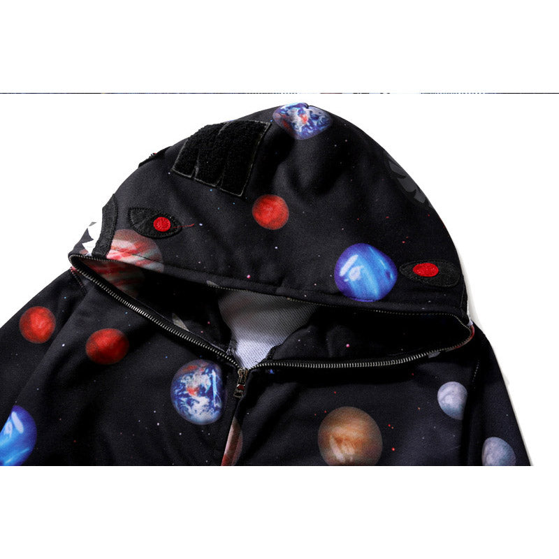 Shark Print Jacket Men'S And Women'S Cotton Shark Hooded Zipper Sweatshirt Hoodie