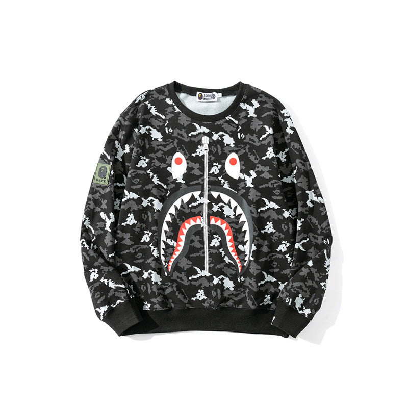 Shark Print Sweatshirts Digital Pixels Camouflage Pullover Sweater Men'S And Women'S Round Neck Thin Coat