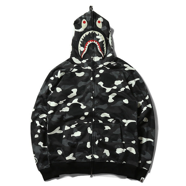 Shark Print Hoodie Black And White Luminous Shark Coat Looped Fabric Hooded Shark Sweater Shark Embroidered Hoodie
