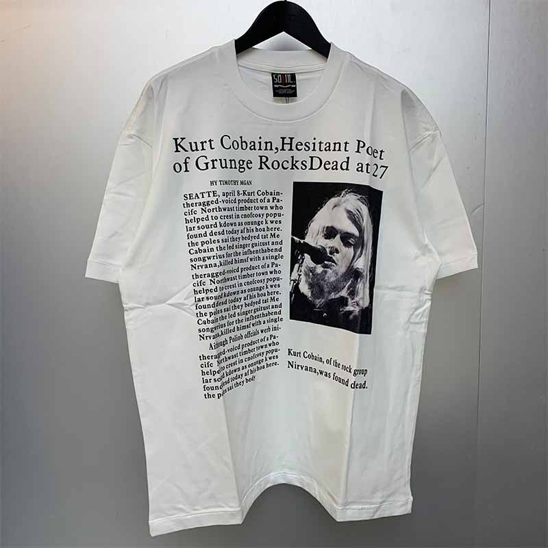SAINT MICHAEL Vintage T Shirt Kurt Cobain Black and White Newspaper Portrait Short Sleeve