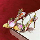 Louboutin-style red bottom shoes colorful smudged rhinestone flowers thin strap high heels open toe sandals high heels stiletto round toe cl
