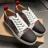 Louboutin-style red bottom shoes export red bottom shoes snake pattern patchworklow ankle sneakers women's red black and white contrast color genuine leather casual shoes men's easiest for match