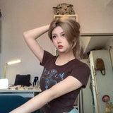 Vintage Y2g Shirts Rhinestone T-shirt Short Sleeve Women
