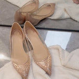 Louboutin-style red bottom shoes cl mesh rhinestone red bottom flats women's summer pointed toe flats hidden heeleasiest for match fairy style shallow mouth flats