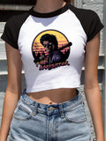 Stranger Things T Shirt Cow Head Print Exposed Navel Black Sleeve Stitching Cartoon T-shirt Sexy