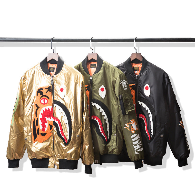 Shark Print Coat Golden Autumn And Winter Men And Women Teenagers Fashionable Cotton Coat Jacket Coat Cotton-Padded Jacket
