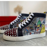 Louboutin-style red bottom shoes european station rivets cl red bottom shoes black velvet nails suede high-top hot diamond shoes fashiontrendyeasiest for match sneakers pure original
