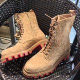 Louboutin-style red bottom shoes clworkwear short tube tie backbootsthick sole hidden heelcasualeasiest for matchsuede red bottom men's boots