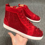 Louboutin-style red bottom shoes guangdong wintercl red bottom rivets high-top sneakers tie back round toe cow suede casual shoes