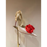 Louboutin-style red bottom shoes silk flower pointed toe cl stiletto women's shoes elegantslimming look frenchsexy beautiful ribbon fashion flats
