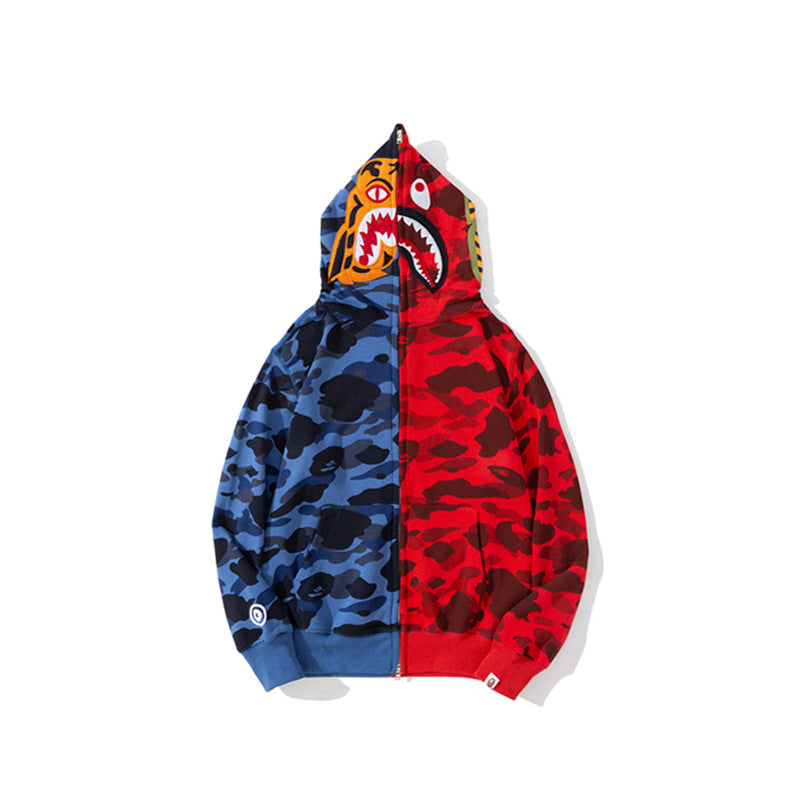 Shark Print Hoodie Autumn And Winter Color Matching Stitched Camouflage Sweater Pocket Zipper Fleece Padded Coat Male And Female Couples Wear Tide