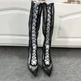 Louboutin-style red bottom shoes clsexy mesh pointed toe cut out long women's boots stiletto black elegance hot diamond sexy strap lace pattern