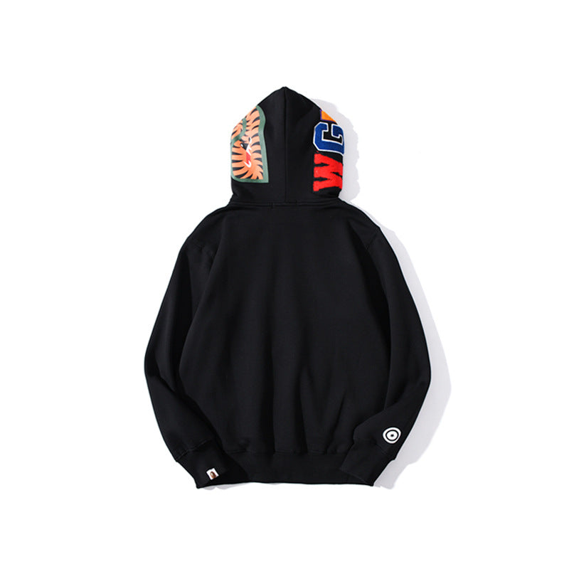 Shark Print Jacket Autumn And Winter Solid Color Blue Pink Double Hood Sweater Men And Women Zipper Fleece Padded Coat