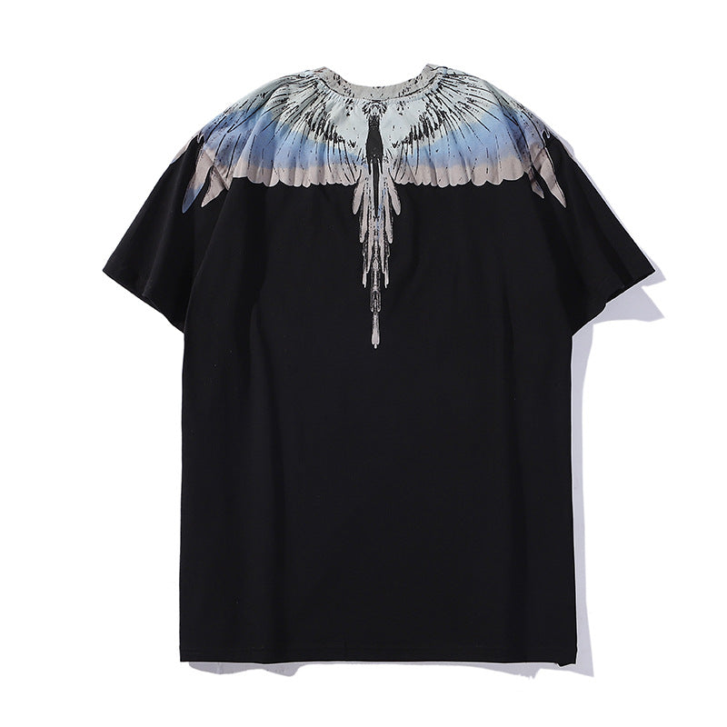 Marcelo Burlon T Shirt MB Gray and Blue Contrast Color Wings Pattern Same Style for Men and Women