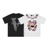Vlone T Shirts Character Floral Short Sleeve T-shirt Printed Men and Women High Street Half Sleeve Shirt