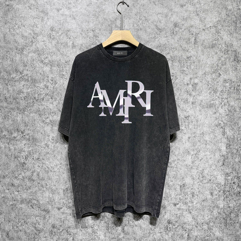 Amiri washed t-shirt metallic luster letter short sleeves