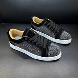 Louboutin-style red bottom shoes 【factory store】trendy korean style flat rhinestone cl red bottom trendyembroider men's shoes casual women's shoes sneakers rubber