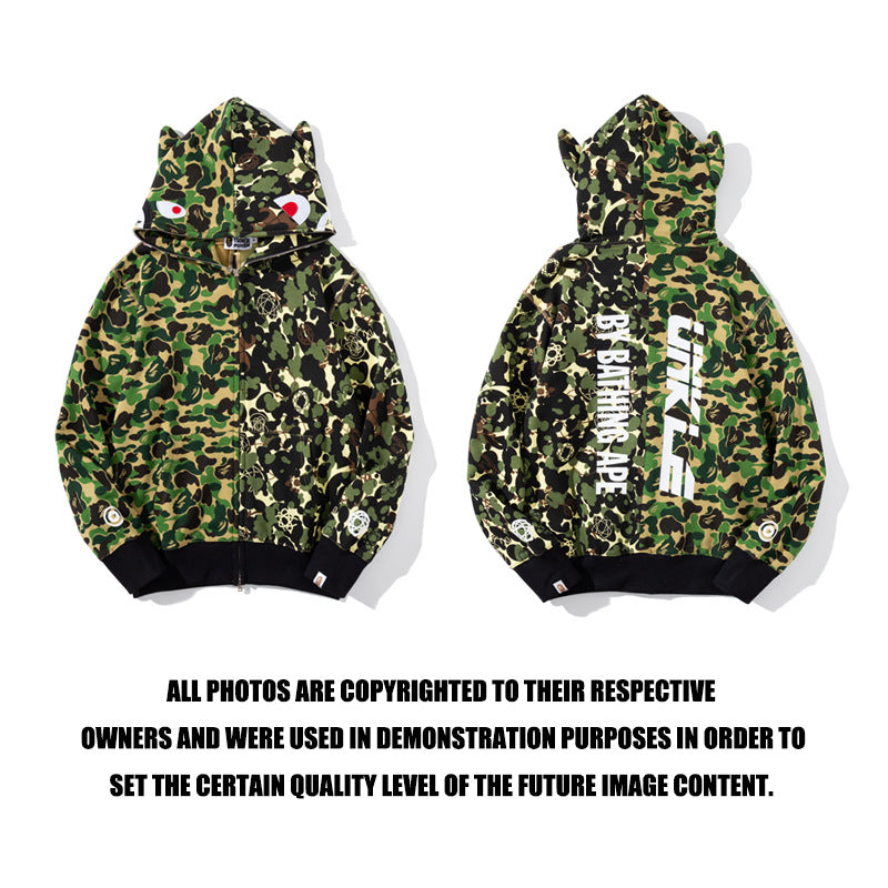 Shark Print Jacket Autumn And Winter Stitching Camouflage Green With Ears Sweater Men'S And Women'S Casual Camouflage Coat
