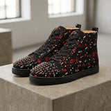 Louboutin-style red bottom shoes cl high-top men's shoes spring red and white splash ink punk studded shoes men's high-top sneakers trendy