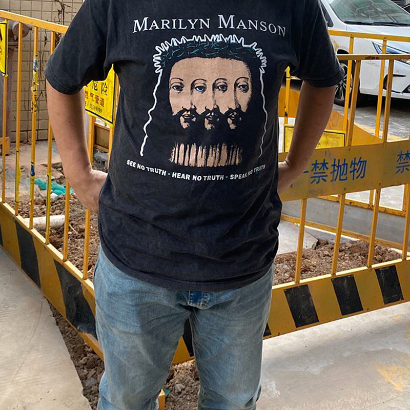 Marilyn Manson T Shirt Fog Vintage Loose Men's and Women's Short-Sleeved T-shirt