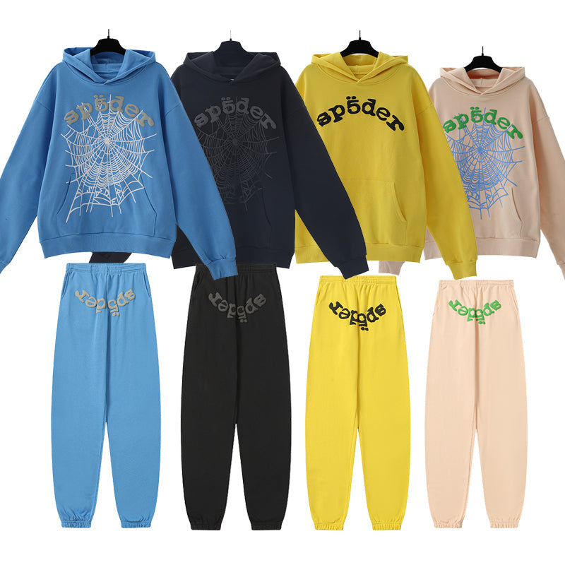 Sp5der Hoodie & Sweatpants 2 Piece Set Cobweb Puff Print Pure Cotton