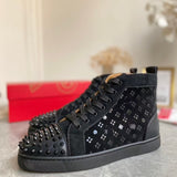 Louboutin-style red bottom shoes guangdong wintercl red bottom rivets high-top sneakers tie back round toe cow suede casual shoes