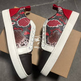 Louboutin-style red bottom shoes export red bottom shoes snake pattern patchworklow ankle sneakers women's red black and white contrast color genuine leather casual shoes men's easiest for match