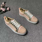 Louboutin-style red bottom shoes, pink gold-rimmed studded sneakers for men, cl red sole casual shoes, low-top lace-up trendy versatile athletic shoes