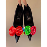 Louboutin-style red bottom shoes silk flower pointed toe cl stiletto women's shoes elegantslimming look frenchsexy beautiful ribbon fashion flats