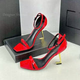 Louboutin-style red bottom shoes spring beautiful super high heel metal small square toe sandals sexy stiletto heel back empty french iron toe flats