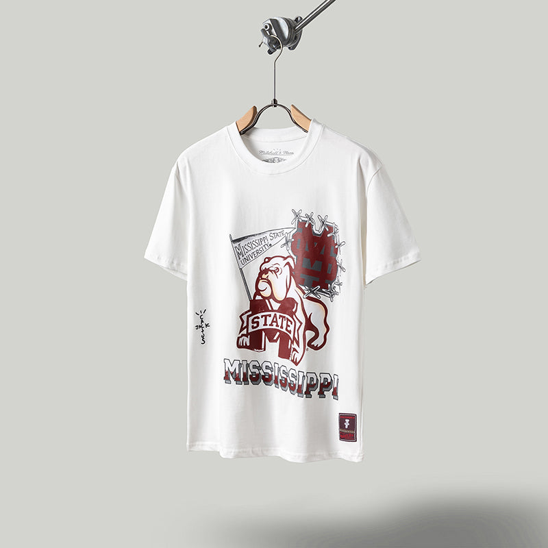 Travis Scott T Shirts x Mitchell x Ness Mississippi State Bulldogs Hand-Drawn Short Sleeve