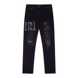 Amiri Jeans Black Ripped Letter Embroidered Jeans