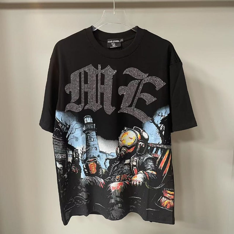 Mixed Emotion T-Shirt Alien Print Diamond Casual Loose Short Sleeve T-Shirt