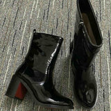 Louboutin-style red bottom shoes cl short boots fall and winter square toe patent leather square heel ankle boots side zipper accessible luxury business bag suit