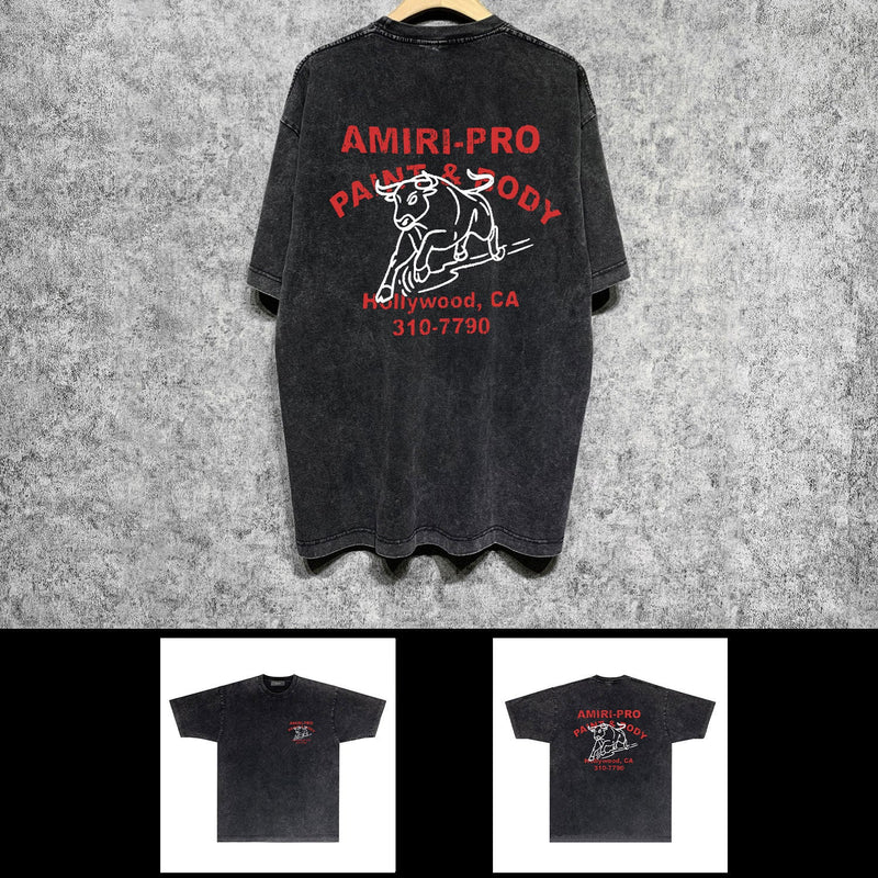 Amiri washed t-shirt bull printing short sleeve