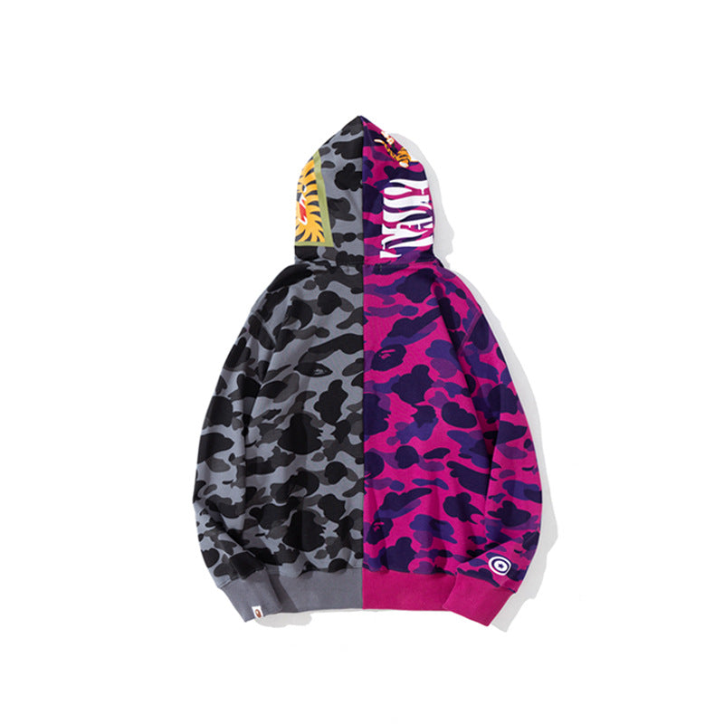 Shark Print Hoodie Autumn And Winter Color Matching Stitched Camouflage Sweater Pocket Zipper Fleece Padded Coat Male And Female Couples Wear Tide