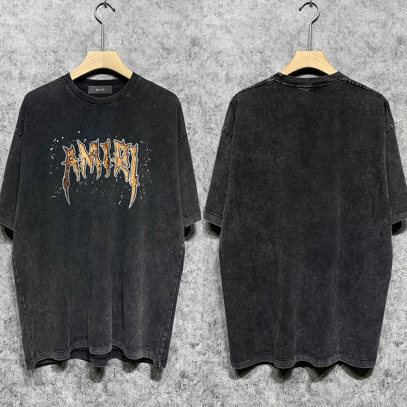 Amiri washed t-shirt splash paint skeleton printing short sleeves