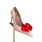Louboutin-style red bottom shoes silk flower pointed toe cl stiletto women's shoes elegantslimming look frenchsexy beautiful ribbon fashion flats