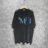 Amiri washed t-shirt cashew flower overlap letter printing short sleeve