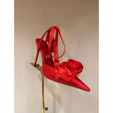 Louboutin-style red bottom shoes silk flower pointed toe cl stiletto women's shoes elegantslimming look frenchsexy beautiful ribbon fashion flats