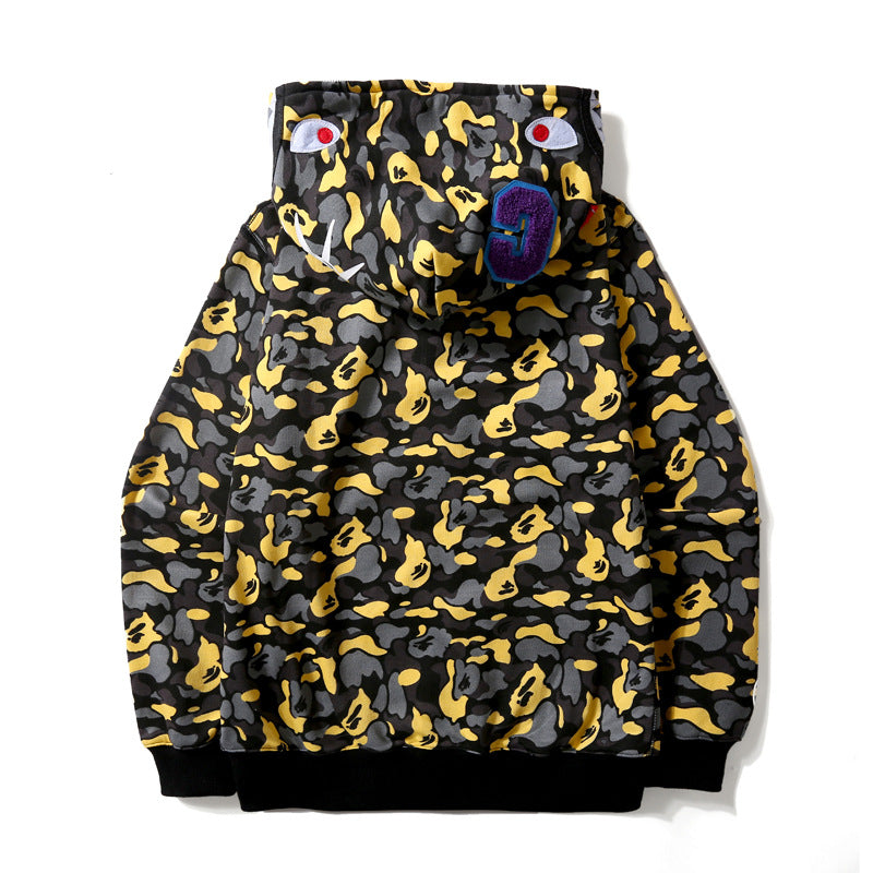 Shark Print Jacket Men'S Casual Camouflage Velvet Padded Hooded Sweatshirt Men'S And Women'S Hoodies