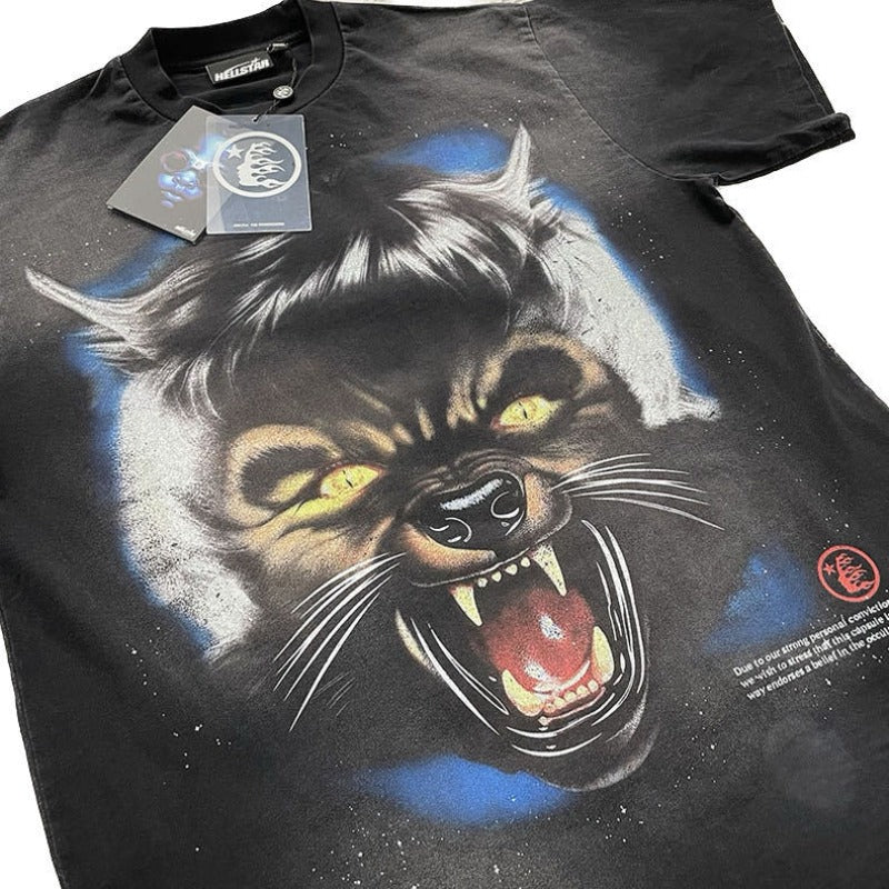 Men Vintage T-Shirts Wolf Head Full Moon Print Short Sleeve