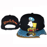 Trendy flat brimmed hat cartoon missing corner bite