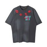 Men Vintage T-Shirts Vintage Washed Old Graffiti Loose Crew Neck Short Sleeves