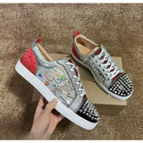Louboutin-style red bottom shoes european station cl electric embroidered red bottom men's shoes black embroiderlow ankle studded men's shoes flatscasual shoes crescent shoes