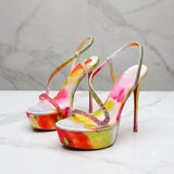 Louboutin-style red bottom shoes cl red bottom high heels fish mouth watercolor smudged ultra-high heel sandals women's stiletto waterproof platform with diamonds